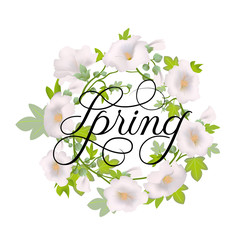 Spring time poster with flower wreath. Vector illustration.