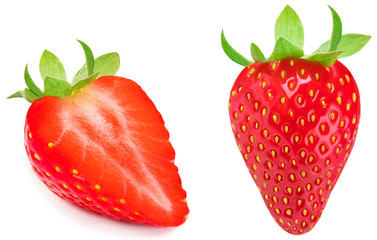 Strawberry isolated on white background. Red ripe whole strawberry with sliced half and leaves, macro.