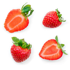 Isolated Strawberries fruit. Summer Pattern with Strawberry whole and cut in half  isolated on white background, flat lay