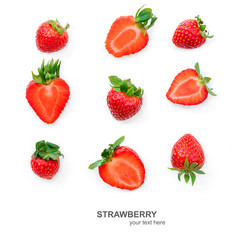 Isolated Strawberries fruit. Summer Pattern with Strawberry whole and cut in half  isolated on white background, flat lay