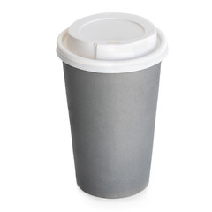 Takeaway grey paper coffee cup isolated on white background, close up.