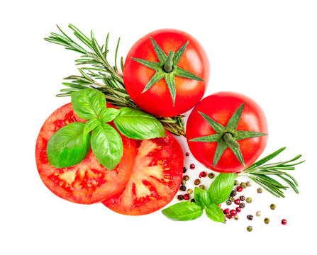 Fresh Red  Tomato with spices and herbs isolated on white background, close up.
