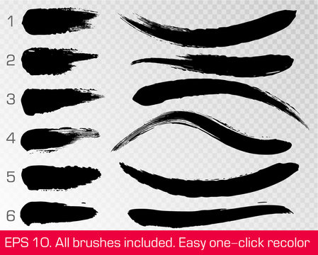 Black grunge brush strokes set isolated on white transparent background. Ink painting. Vector artwork. Dirty artistic design paint line element. Abstract lines collection.