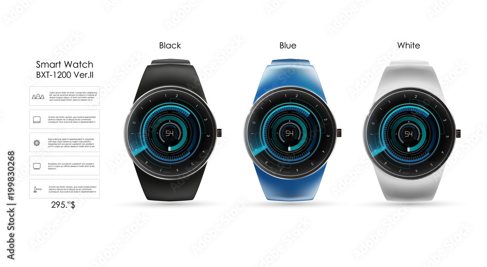 Aufkleber vector realistic illustration of concept smart watch, technology functions and template text. smart 