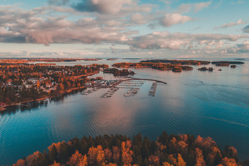 Nuottaniemi marina seen from the sky on an autumn day in Espoo Finland