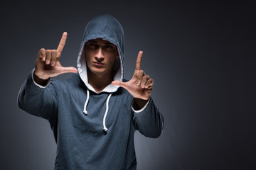Fototapeta premium Innovation concept with young man pressing virtual buttons