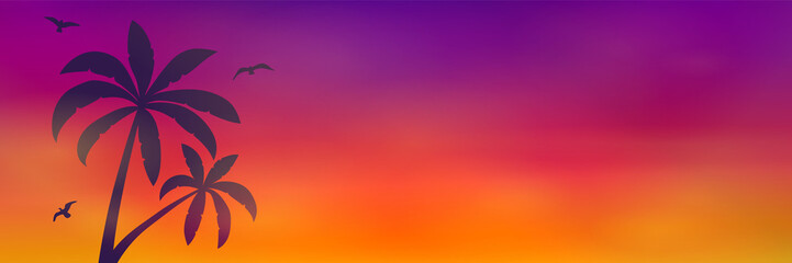 Fototapeta na wymiar Summer banner with palms, colourful sky and copyspace. Vector.