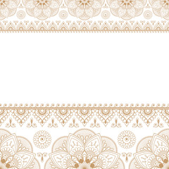 Indian Mehndi Henna Beige Brown line lace element with circles pattern card for tattoo on white background