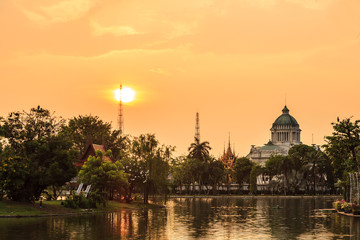 The sunset view of Landmark, the Ananta Samakhom Throne Hall with reflection on the water. The Ananta Samakhom Throne Hall is a royal reception hall within Dusit Palace in Bangkok, Thailand.
