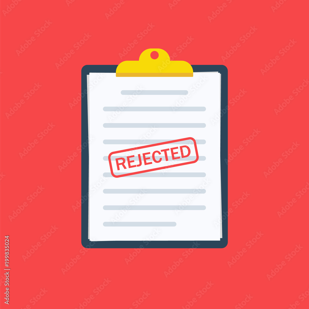 Poster rejected application. clipboard application with document, red rejected stamp and pen. modern flat d