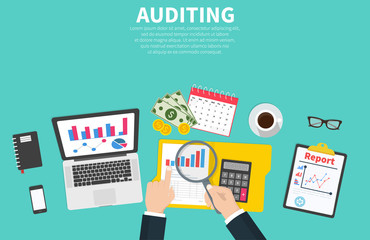 Auditing concept illustration. Tax process. Auditor during examination of financial report. Research, project management, planning, accounting, analysis, data. Flat cartoon design, vector on