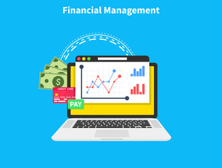 Financial management. Planning and controlling financial resources. Research, project management, planning, accounting, analysis, data. Flat cartoon design, vector illustration on background.