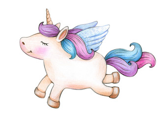  Cute  unicorn cartoon, isolated on white.