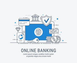 Online banking, security payments, transactions, investments and deposits, advanced information technology. Modern thin line vector illustration.