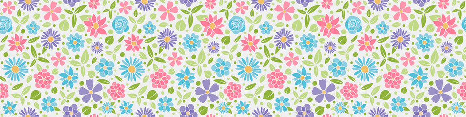 Panoramic banner with beautiful flowers - seamless texture. Vector.