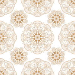Seamless mehndi pattern brown beige floral lace of buta decoration items on white background.