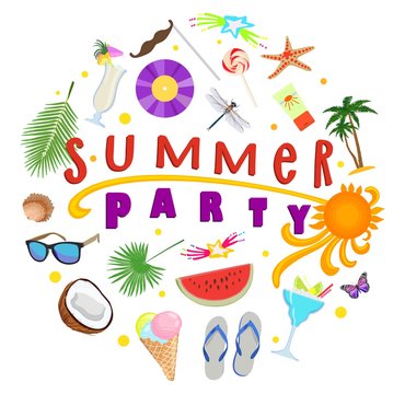 Poster on topic of summer party. Summer rest. Vector illustration.