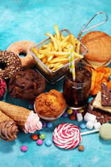Unhealthy products. food bad for figure, skin, heart and teeth.