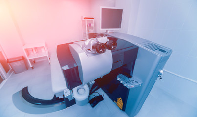 Ophthalmic laser system in eye surgery clinic. Laser treatmnet for myopia
