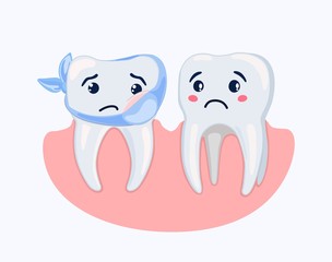 Stylized suffering sick tooth and its neighbor. Vector illustration.