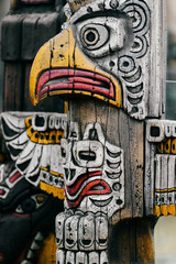 Traditional national indian totem.  Totem pole sculpture art. Ancient wooden mask.  Mayan and...
