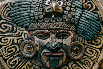 Traditional national indian totem.  Totem pole sculpture art. Ancient wooden mask.  Mayan and...
