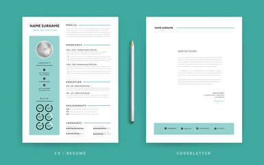 Creative CV / resume template teal green background color minimalist vector