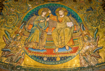 Fototapeta na wymiar Coronation of the Virgin, mosaic by Jacopo Torriti in the Basilica of Santa Maria Maggiore in Rome, Italy.
