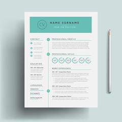 Creative CV / resume template teal green background color minimalist vector