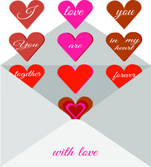 Traditional postal envelope with romantic wish. Image of flowers of roses and hearts. Vector drawing for the design of messages, cards, wishes.