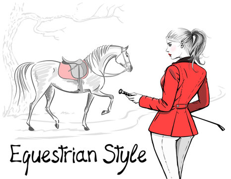 Beautiful fashion woman with english equestrian sport hunting style red jacket and horse with saddle. Rider girl and tree hand drawing. Vector art stylish lady model with whip and hair tail