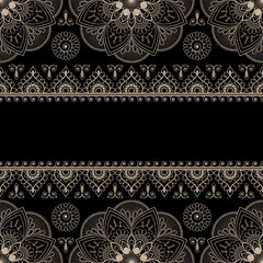 Border beige pattern elements with flowers for cards or tattoo isolated on black background.