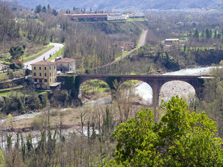 Garfagnana view. River Serchio seen from Ponte di Campia, Italy.