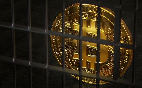Bitcoin ban, imprison or illegal. Big troubles of Bitcoin or other cryptocurrencies. Copyspace on the right. 3D rendering