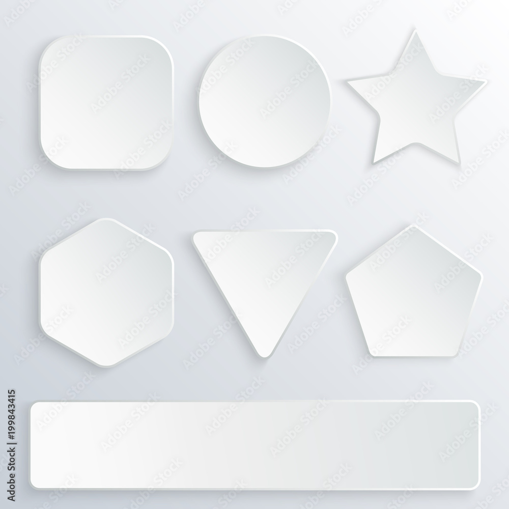 Poster set of 3d paper buttons in various shapes. white buttons on gray background. round, square, star, he