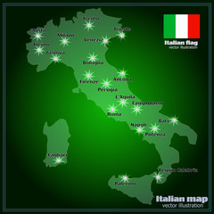 Map of Italy with big cities in night. Vector.
