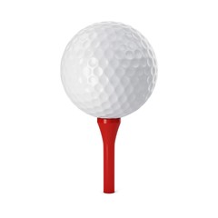 3D rendering golf ball on red tee isolated on white