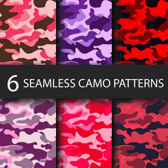 Set of 6 pack Camouflage seamless patterns background with black shadow. Classic clothing style masking camo repeat print. Bright colors of forest texture. Vector illustration web design and clothes.