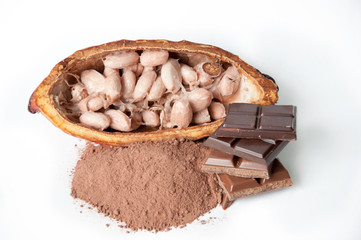 Kakaofrucht mit rohe Bohnen, Kakaopulver und Schokolade