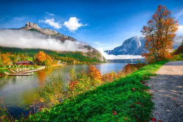 Picturesque autumn scene of Altausseer See lake
