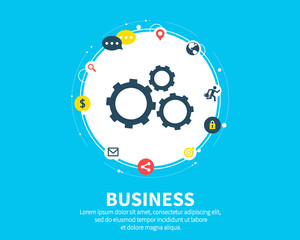 Business concept. Abstract background with connected gears and icons for strategy, service, analytics, research, seo, digital marketing, communicate concepts. Vector infographic illustration.