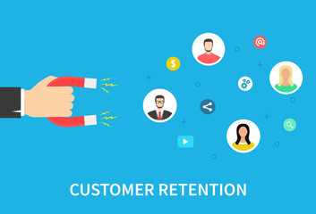 Customer retention strategy, attract customers, customer support and service, digital marketing, flat vector banner infographics with icons. Vector illustration.