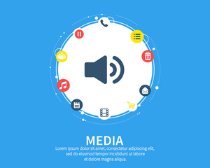 Fototapeta premium Media concept. Growth abstract background with integrated meta balls, integrated icon for digital, strategy, internet, network, connect, communicate, technology, global concepts.