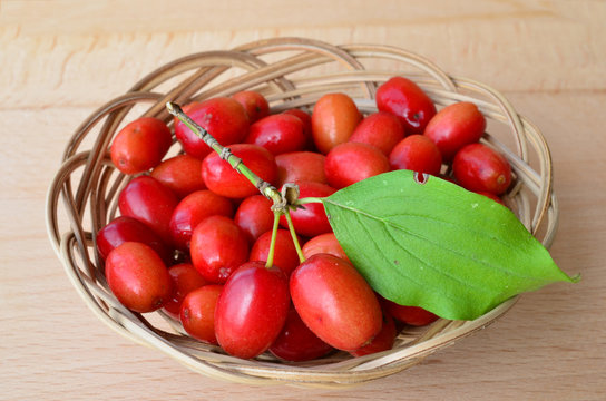 Wicker basket full of Cornelian cherries