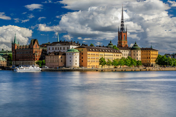 Fototapeta premium View onto Stockholm old town Gamla Stan and Riddarholmen church in Sweden
