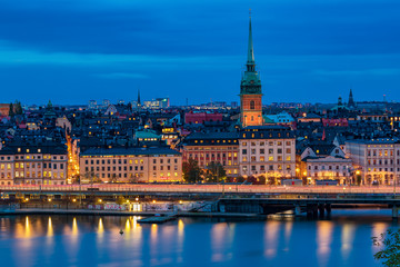 Sunset view onto Stockholm old town Gamla Stan and German church in Sweden