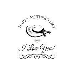 Wide-brimmed hat. Mothers day greeting card. Swirls, ornate filigree frame. Vector
