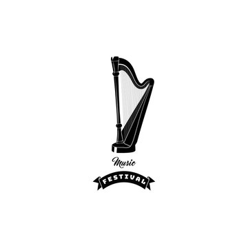 Harp icon. Music festival logo. Musical instrument. Music shop store. Vector.