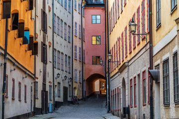 Fototapeta na wymiar Medieval alleyways and cobbled streets the old town, Gamla Stan in Stockholm