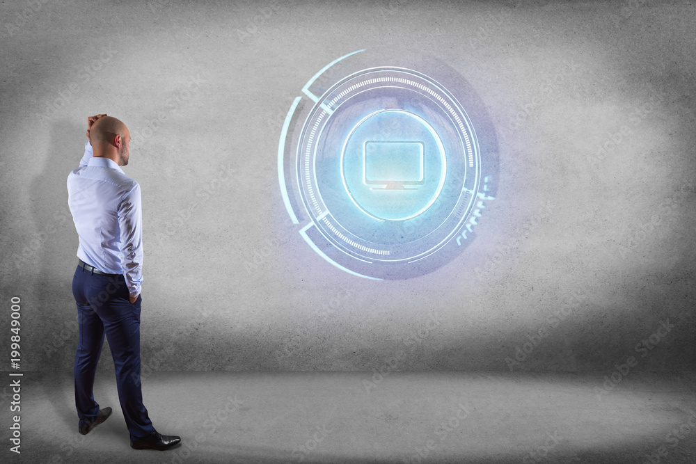Poster businessman in front of a wall with a shinny technologic computer button - 3d render